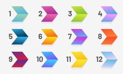 Set of stylize arrow bullet point with number from 1 to 12. Modern vector illustration.