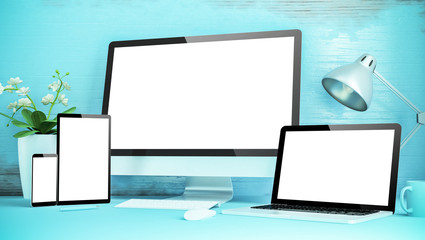 blue responsive desktop mockup with devices