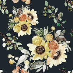 Seamless watercolor pattern with a bouquet of sunflowers on a dark background - 314248048
