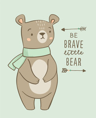 Cute bear character nursery posters with tribal arrows and phrase be brave. Adventure theme nursery, birthday party. Vector illustrations for invitations, greeting cards, posters
