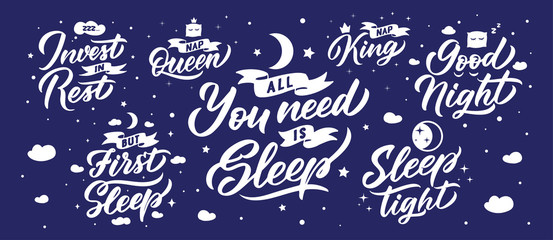 Sleep lettering phrases. Set for your cards and banners. Vector illustration collection.