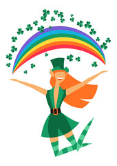 Illustration of Irish fantastic character leprechaun girl. Saint Patricks Day celebration.