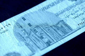 Ten egyptian pounds bill on a dark background close-up. Money background blue color toned