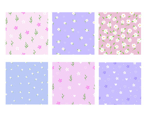 Vector graphics. Adorable, beautiful set of six different floral patterns. Light backgrounds. 
