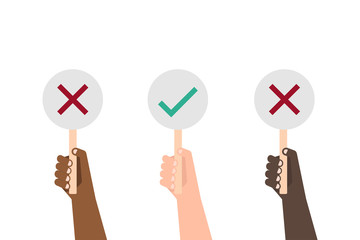 different color Hands showing vote icon boards on white background illustration vector 
