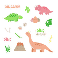 Prehistoric dinosaur vector illustration set. Hand drawn dinosaurs, volcano, plants, eggs, fossils and writings. Isolated.