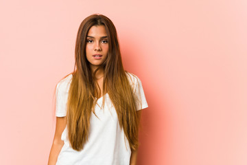 Young caucasian woman doing beauty poses isolated