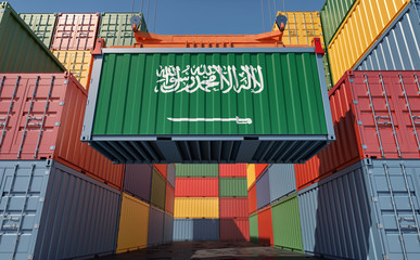 Obraz premium Container Terminal - Shipping Container with Saudi Arabia flag. 3D Rendering