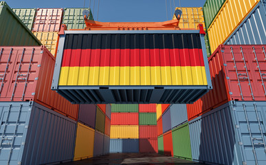 Container Terminal - Shipping Container with German flag. 3D Rendering