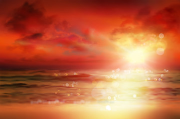 Sunset over the sea. Empty sandy beach in summer. Waves on the seashore. Vector illustration.