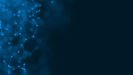 3D rendering abstract futuristic with connection glowing lines and particle on dark blue background, Science, Business, Comunication, Technology concept. Plexus structure. Illustration. copy space