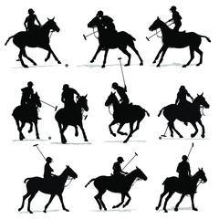 Polo Player Horse and Rider Silhouette Set Isolated