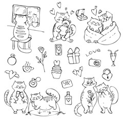 Sketch cat in love, cats couple. Valentine's day ink set. Valentine Set of cats doodle Family