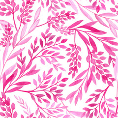 Fototapeta na wymiar Watercolor pink leaves and tree branches seamless pattern. Hand drawn plants isolated on white background. Romantic texture for cards, wrapping, decoration, textile.