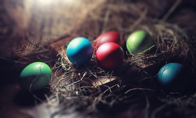 Easter painted eggs on burlap