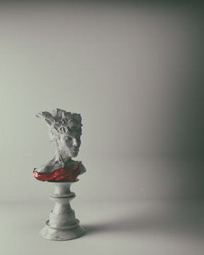3d rendering of a science fiction bust statue placed on shattered column on white background