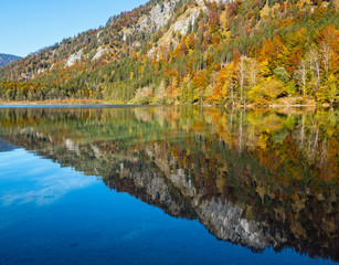 Peaceful Autumn Alps mountain lake Offensee lake, Salzkammergut, Upper Austria.