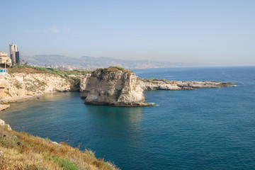 Fototapeta na wymiar View of Pigeon Rock (Raouche Rocks), Corniche Beirut. Beirut. Lebanon - June, 2019
