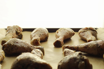 Baked chicken in the oven. Turkey legs on a baking sheet with spices baked in the oven. Snack on Thanksgiving Day.