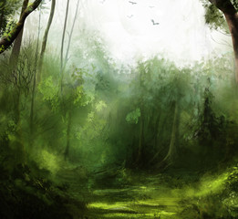 Cloudy day in the forest with birds flying in the sky digital illustration