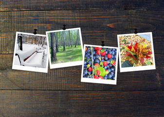 Fototapeta na wymiar Photos of four seasons attached to dark wooden wall