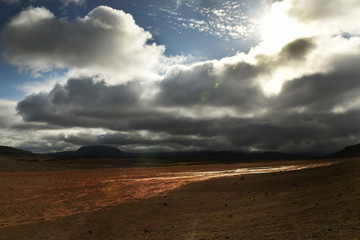Fototapeta na wymiar Valley and hills under a gloomy sky with thunderclouds. Dramatic view of the breadth of space. Iceland.