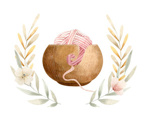 Hand painted watercolor illustration - a ball of yarn in a wooden yarn box. Decorated with green brunches.