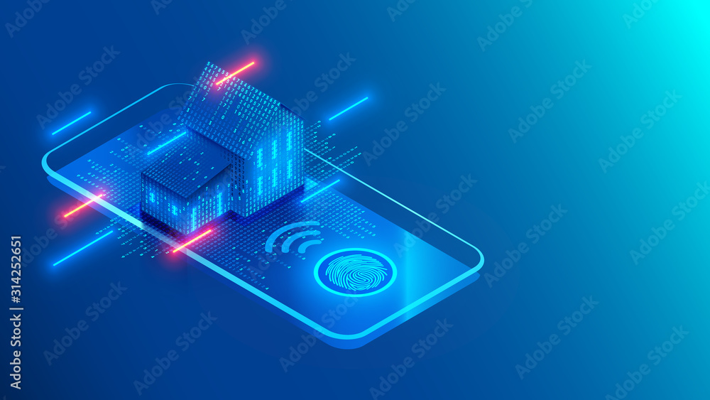 Leinwandbilder Smart home technology on screen smartphone on blue background. Internet of things conceptual isometric illustration. Digital House. Access to IOT systems using a fingerprint on a mobile phone.