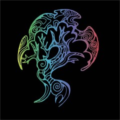 Neon illustration of a bud walking tree on the roots. Tree of life with ornament.