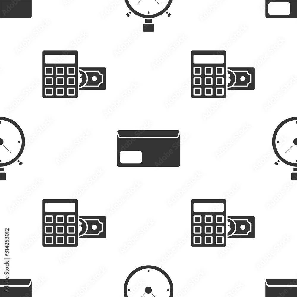 Poster set stopwatch, envelope and calculator with dollar symbol on seamless pattern. vector