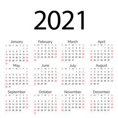 Fototapeta na wymiar Simple vector calendar template 2021 year. Minimal business white clean design. English grid, week starts from sunday