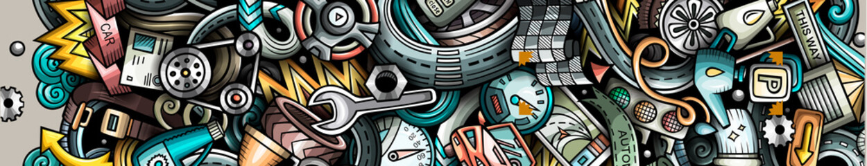 Auto hand drawn doodle banner. Cartoon detailed flyer. © balabolka