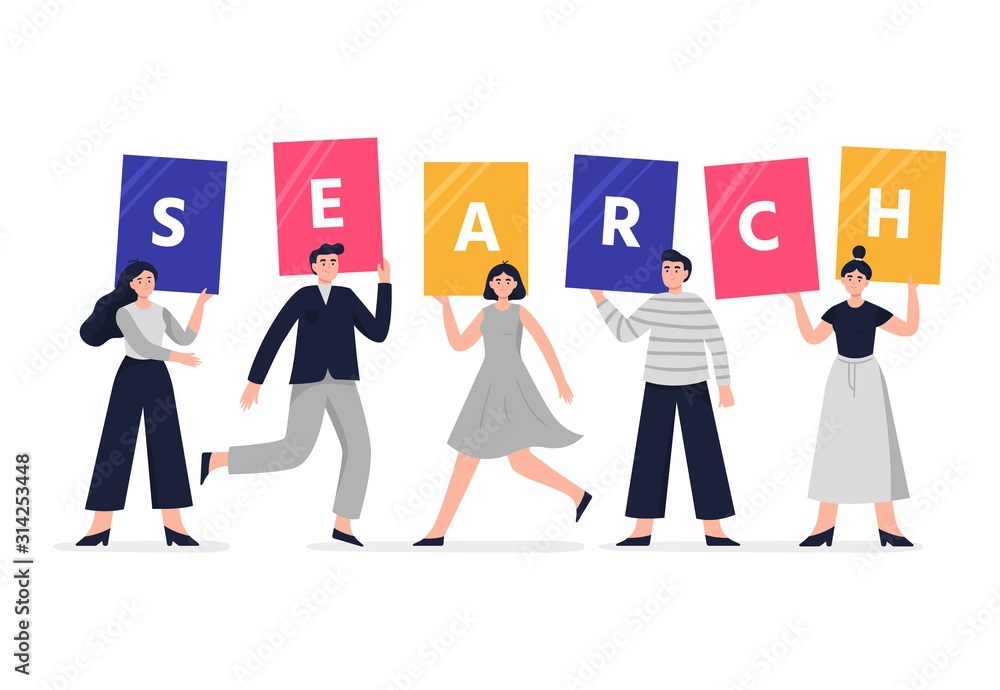 Aufkleber search engine optimization illustration. group of web developers holding signs with the word search.