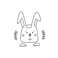 Hand drawn doodle Easter card with  rabbit willow, branches. Vector illustration bunny. Best for decoration and spring greeting card, print, logo, banner, textile