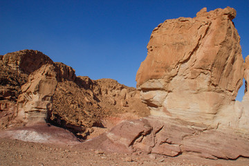 Fototapeta premium The famous Timna National Park in the desert in southern Israel in the Eilat region. Sand cliffs, dry land, red sand in the form of pillars and mushrooms. Sights of Israel.