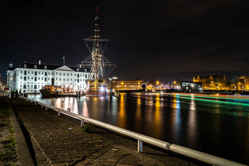 Replica (1985) of ship Amsterdam was moored next to dutch 'Scheepvaartmuseum' in Amsterdam,...