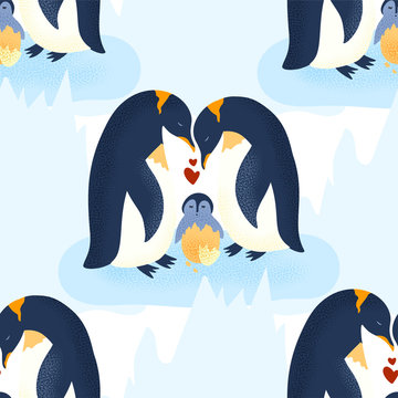 Happy valentine day vector textured animal seamless pattern in a flat style. Romantic illustration. Penguin family take care of a baby.