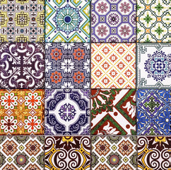 Ethnic ceramic tiles with ornaments and blue mosaic for wall and floor decoration. Colorful concrete stone surface background. Oriental texture for interior design project.