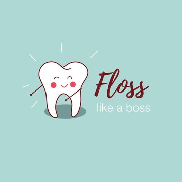 Floss like a boss. Vector illustration of dancing tooth for greeting card, t-shirt, print, stickers, posters design.