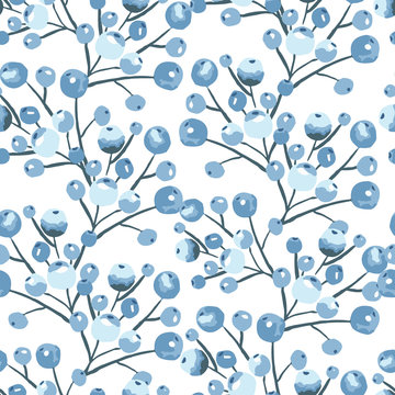 Seamless vector pattern. Berries on blueberry branches on a white background. Blueberries in watercolor. Ideal for paper, gift and textile products. Design greeting cards and wedding invitations