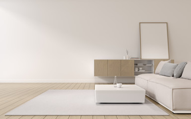 View of white living room in minimal style with white sofa and small timber cabinet on wood laminate floor.Perspective of interior design. 3d rendering.	