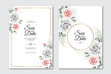 Wedding invitation card with golden frame and beautiful floral watercolor