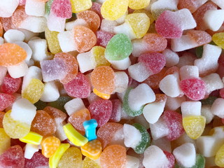 Assorted gummy candies. Top view. Jelly sweets.