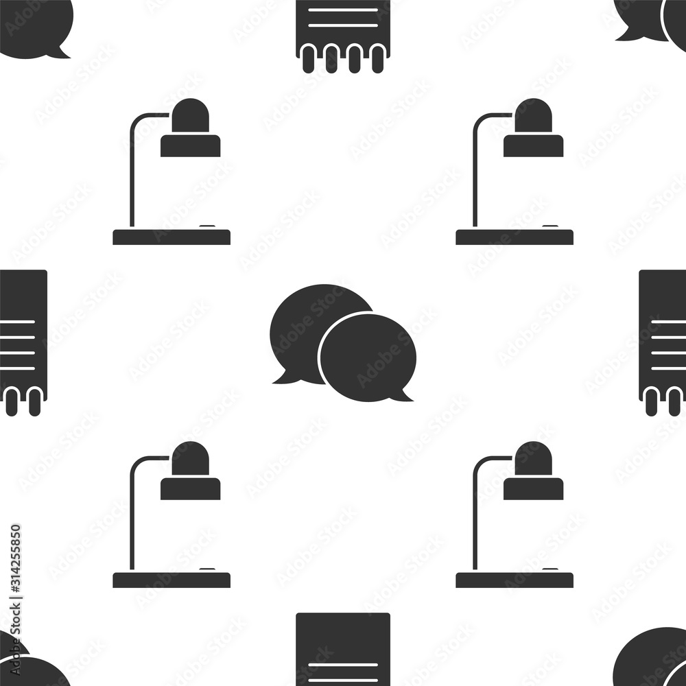 Aufkleber set notebook, speech bubble chat and table lamp on seamless pattern. vector