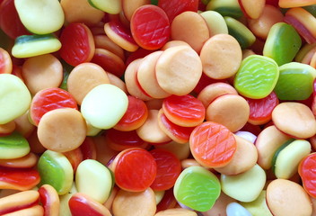 Assorted gummy candies. Top view. Jelly sweets.