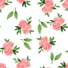 Behang seamless pattern with pink rose flowers isolated on white, watercolor botanical illustration with roses, elegant floral design decoration © IBeart