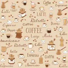 Tapeten Kaffee Kaffee nahtlose Muster. Zeichnungen von Tassen, Kaffeemühlen und Inschriften. Die Aufschrift Latte, Espresso, Ristretto und Americano. Dekoration für Wrapper, Speisekarten, Tapeten und Küche