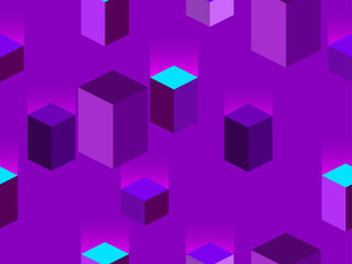 Isometric cubes seamless pattern. 80s retro style design, purple background. Vector illustration