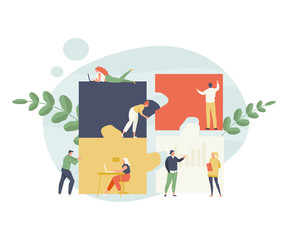 Group of business people adds puzzle. Teamwork and collaboration vector illustration