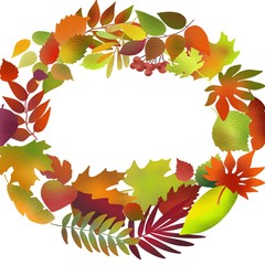 Autumnal leaves wreaths or frames. Autumn leaves wreaths or frames decorated by forest acorns, leaves, viburnum fruit bunches and dry herb sprigs on background